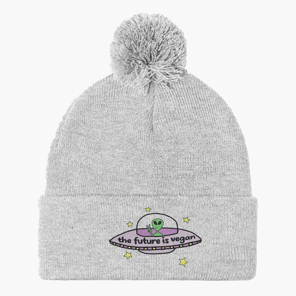 The Future Is Vegan Embroidered  Pom Pom Beanie